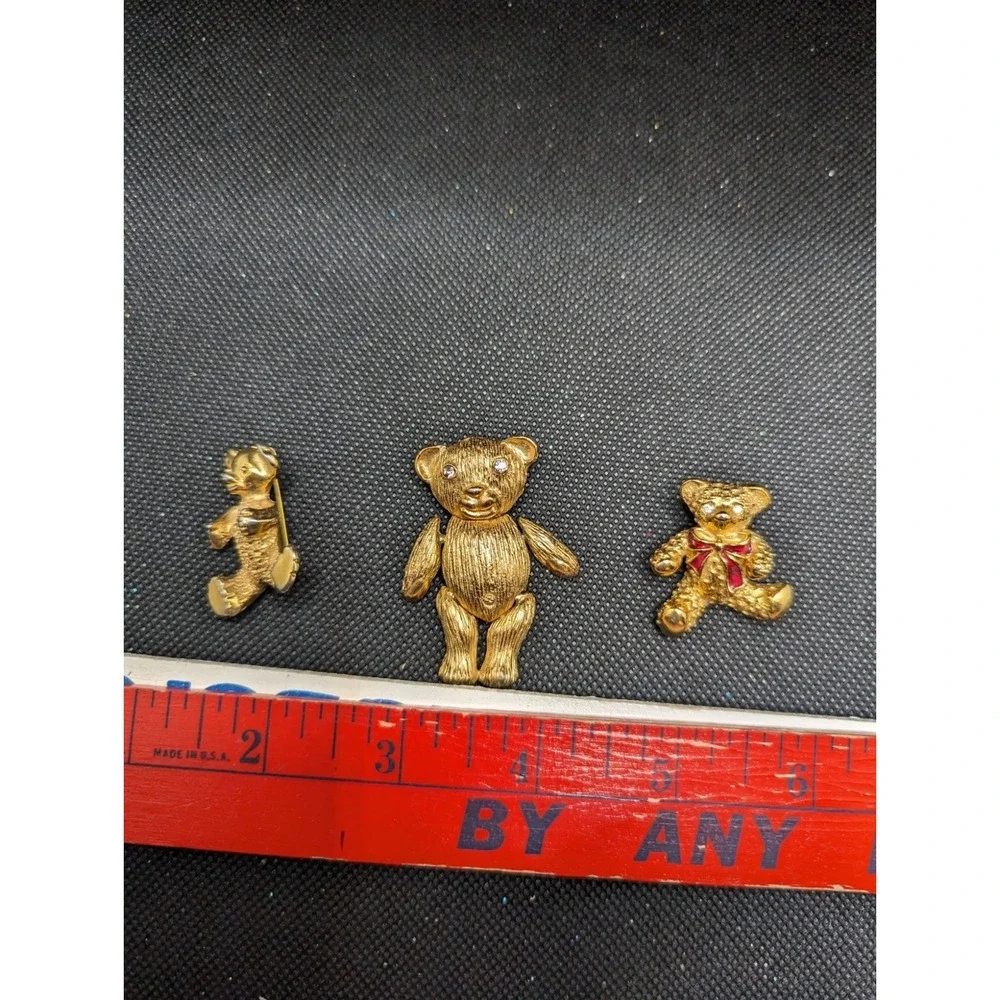Gold Tone Teddy Bear Brooch Pin Lot Of 3 With Rhinestone Eyes Articulated Design